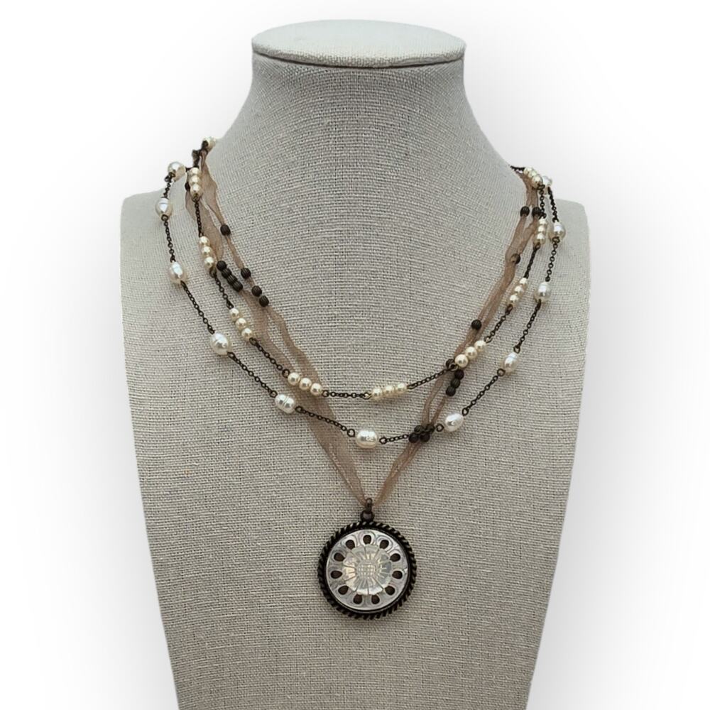 Monet Multi-Strand Pearl Ribbon Necklace Floral Medallion Romantic Vintage